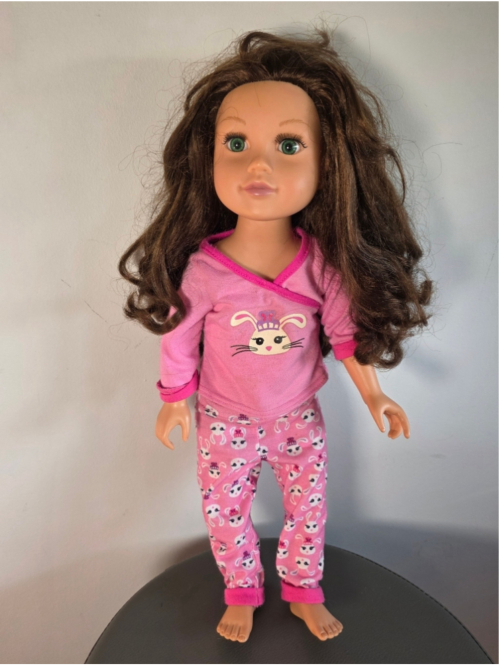 Geoffrey LLC 18 Inch Doll Brunette Green Eyes Pajama Outfit Pink Bunny Clothes